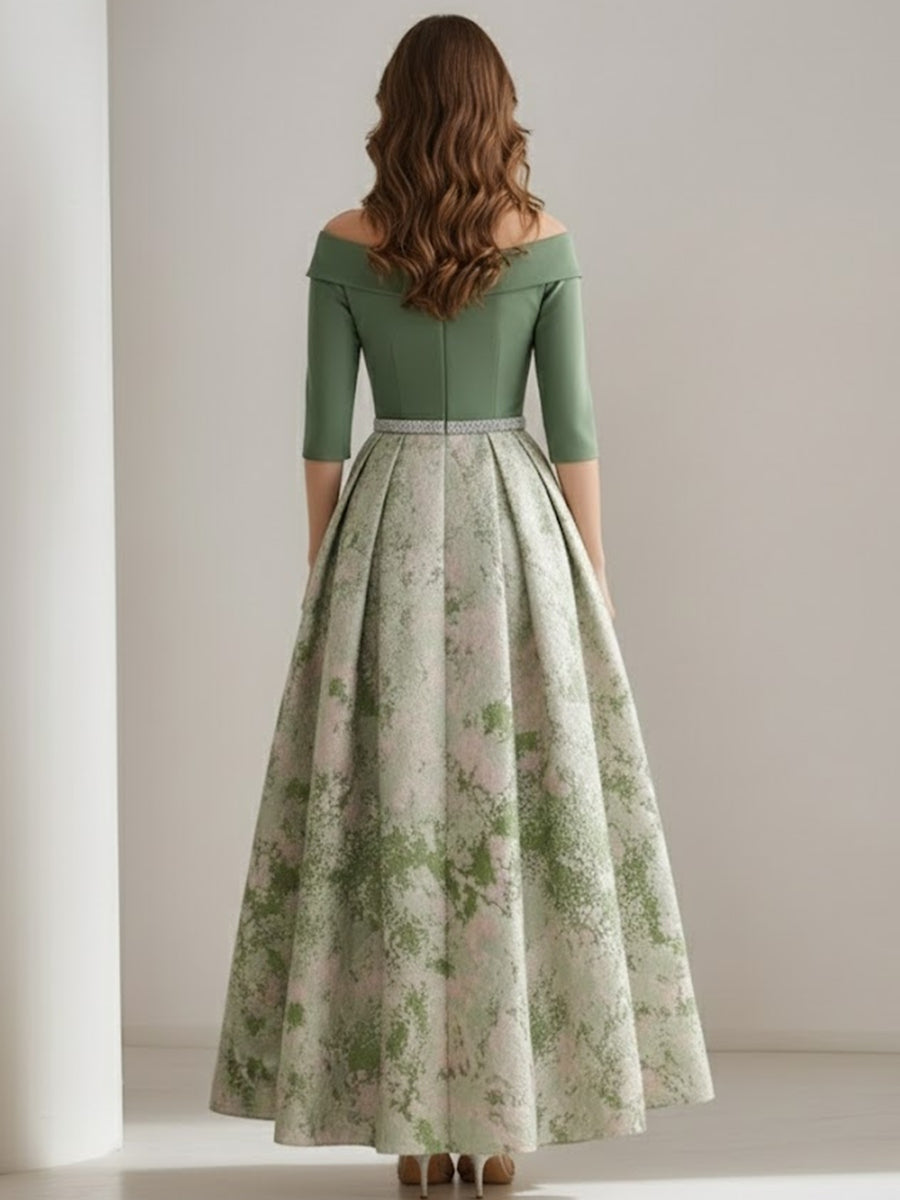 Robe mère de la mariée satin ligne A, manches tombantes, manches 3/4, longueur cheville, imprimé floral et ceinture