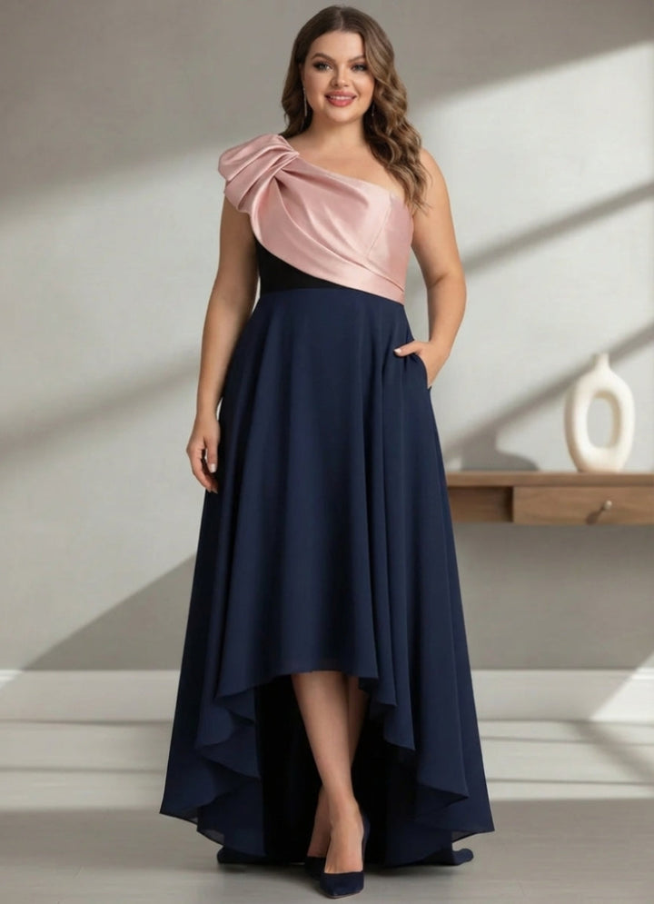 Robe mère de la mariée taille plus ligne A, satin stretch une épaule, sans manches, asymétrique, longueur sol