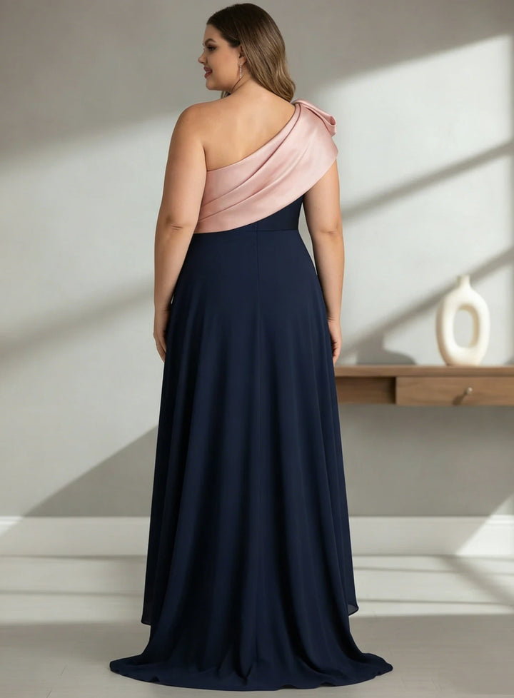 Robe mère de la mariée taille plus ligne A, satin stretch une épaule, sans manches, asymétrique, longueur sol