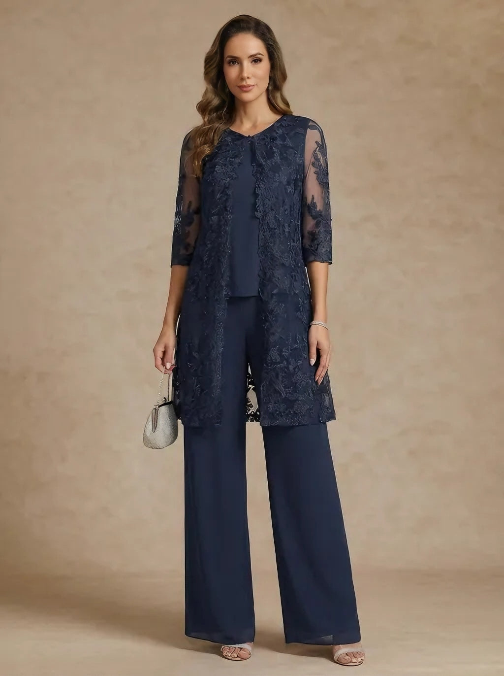 Ensemble pantalon 3 pièces mère de la mariée mousseline, col rond, manches 3/4, longueur cheville, dentelle avec veste