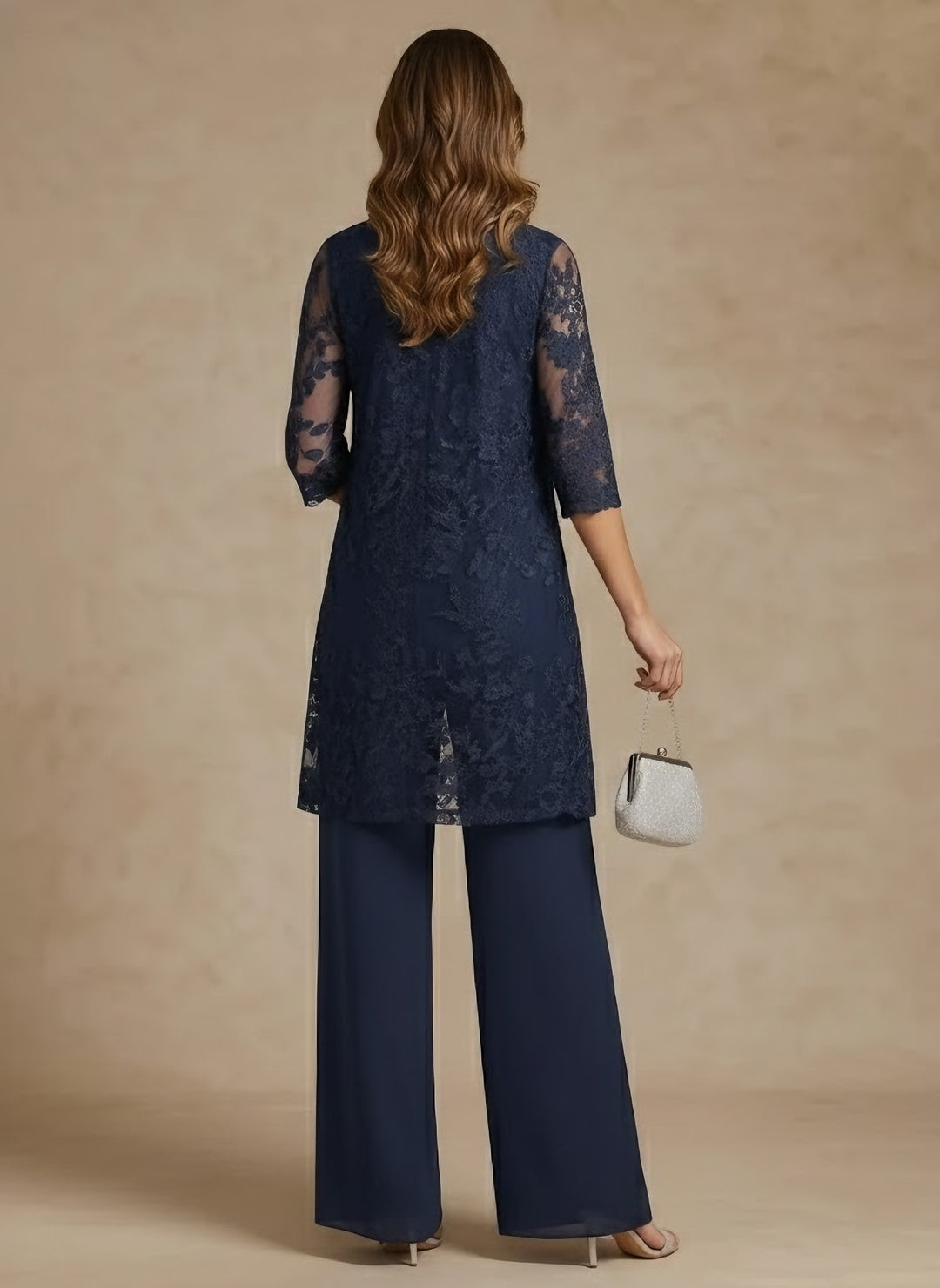 Ensemble pantalon 3 pièces mère de la mariée mousseline, col rond, manches 3/4, longueur cheville, dentelle avec veste