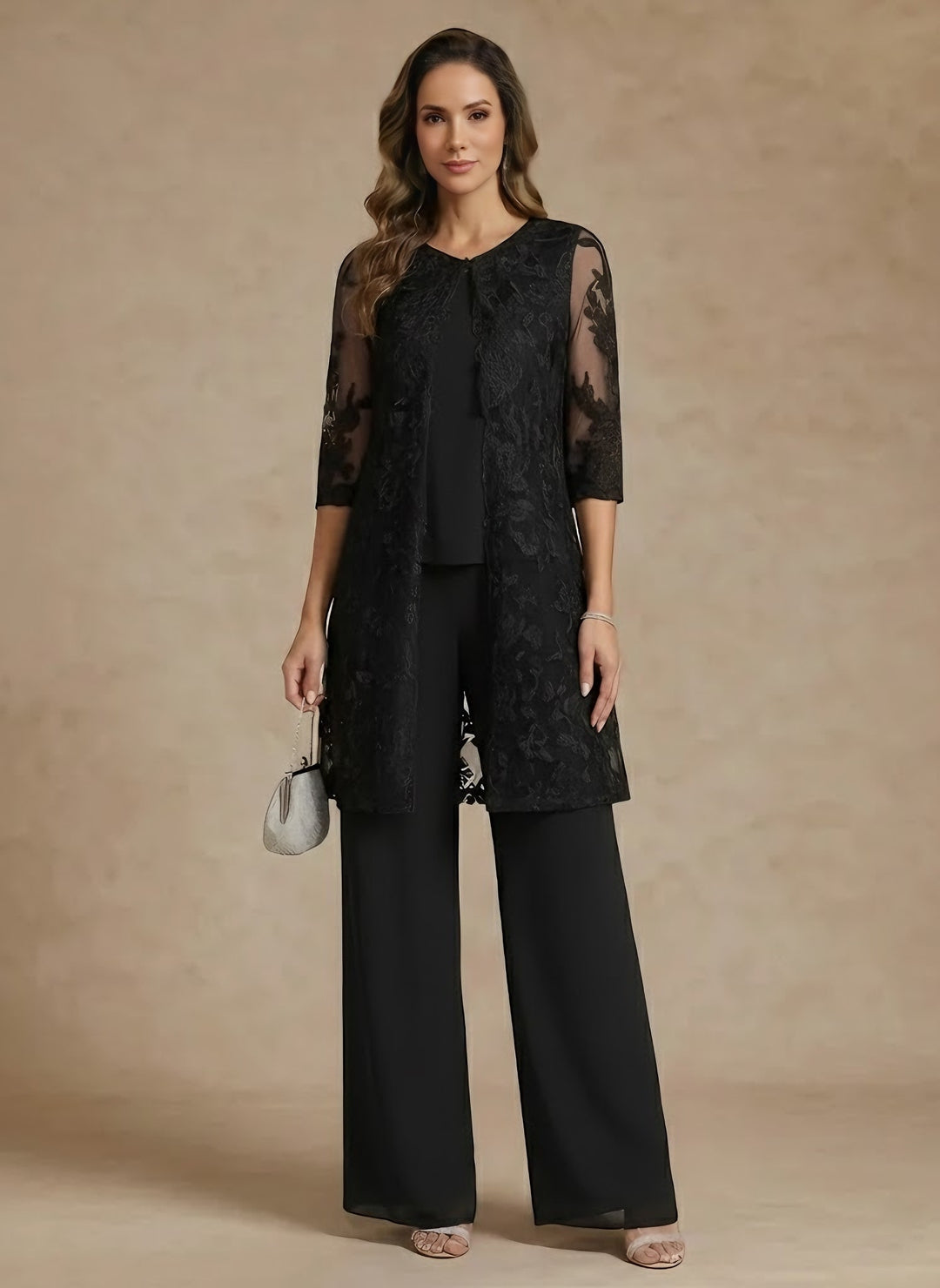 Ensemble pantalon 3 pièces mère de la mariée mousseline, col rond, manches 3/4, longueur cheville, dentelle avec veste