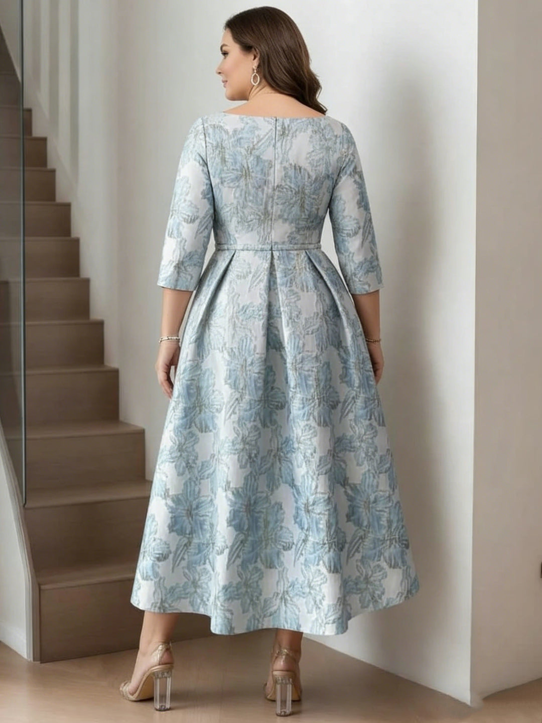 Robe mère de la mariée taille plus ligne A, satin imprimé col rond, manches mi-longues, imprimé floral, longueur midi, ceinture