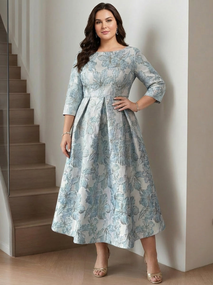 Robe mère de la mariée taille plus ligne A, satin imprimé col rond, manches mi-longues, imprimé floral, longueur midi, ceinture