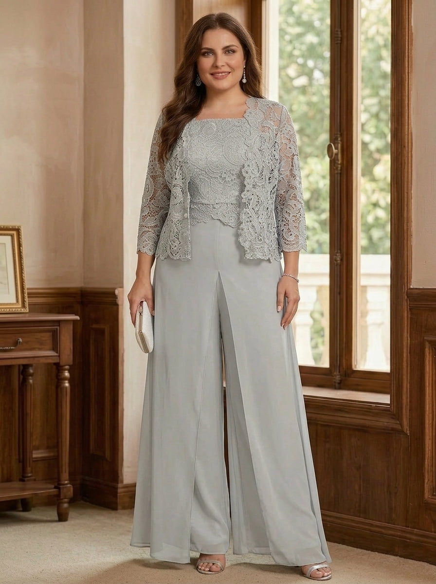 Robe mère de la mariée, Taille Plus, Ligne A/Princesse, Col Carré, Mousseline, Manches 3/4, Longueur de la Cheville, 3 Pièces