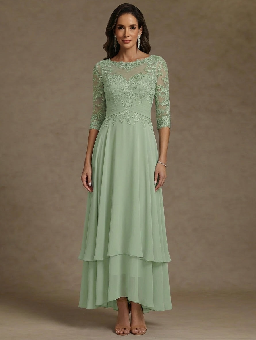 Robe mère de la mariée mousseline ligne A, col rond, manches 3/4, longueur cheville, dentelle et plissé