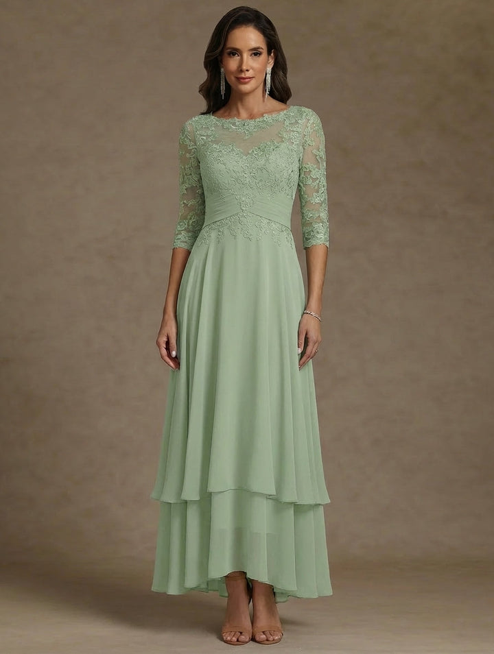 Robe mère de la mariée mousseline ligne A, col rond, manches 3/4, longueur cheville, dentelle et plissé