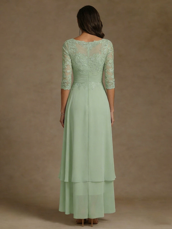 Robe mère de la mariée mousseline ligne A, col rond, manches 3/4, longueur cheville, dentelle et plissé