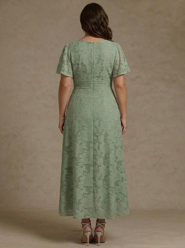 Robe Mère de la Mariée, Grande Taille, Ligne A/Princesse, Col en V, Manches Courtes, Longueur de la Cheville, Détourage Floral