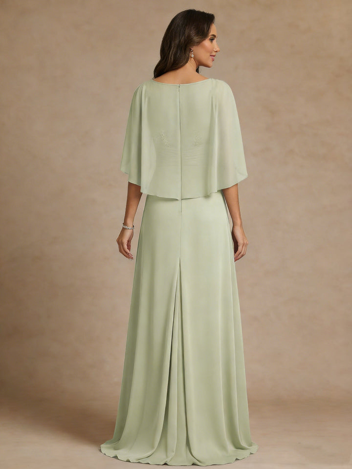 Robe mère de la mariée ligne A, mousseline col rond, dentelle, manches cape, longueur sol, drapé