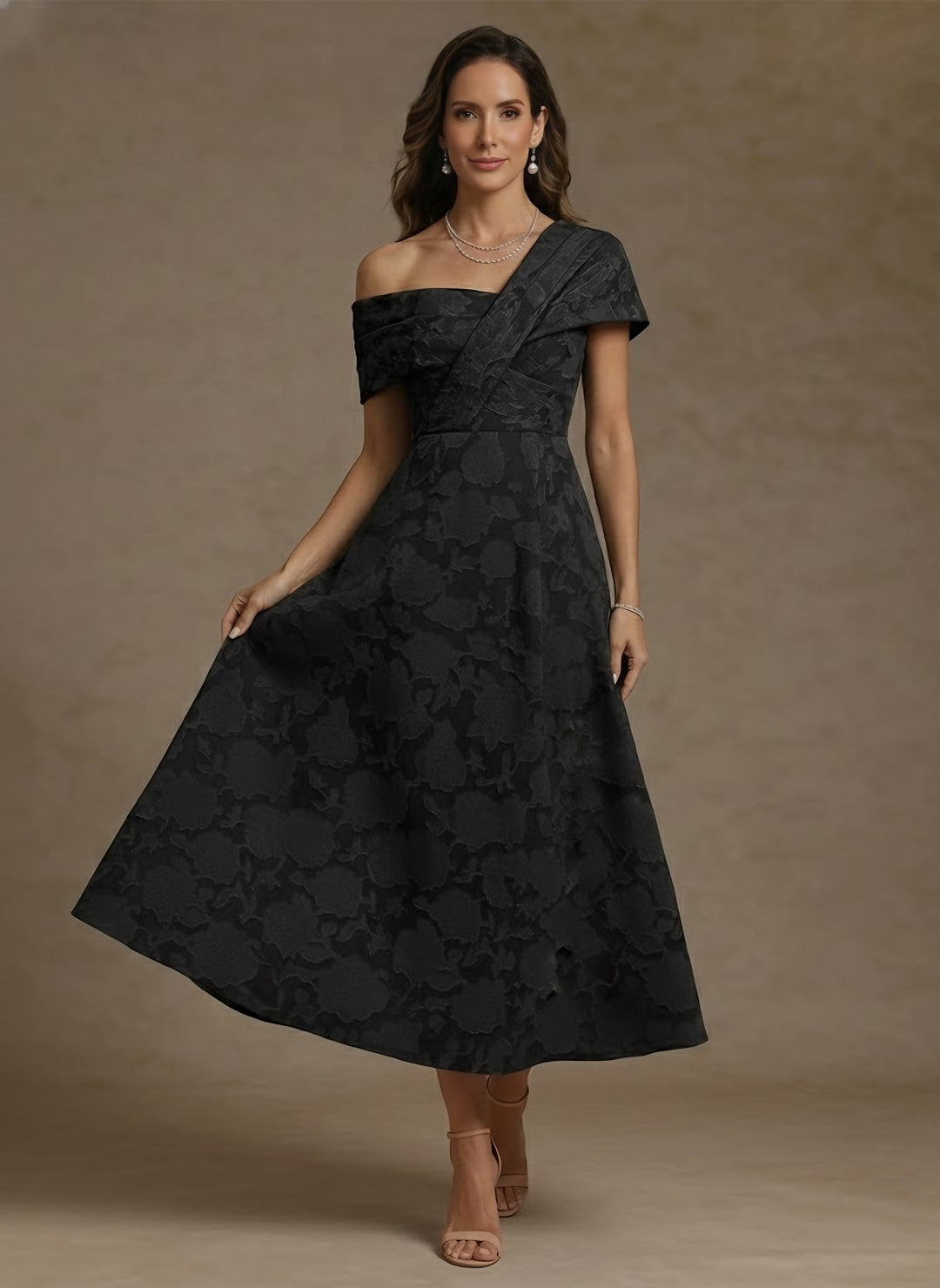 Robe mère de la mariée ligne A, une épaule, floral burnout, sans manches, longueur midi, drapé
