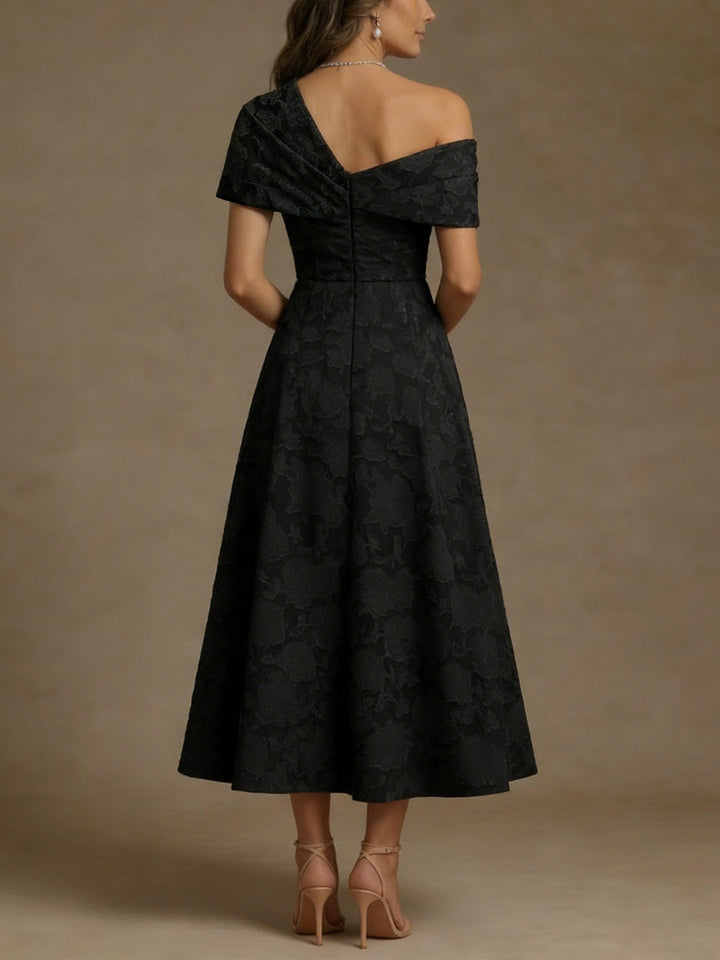 Robe mère de la mariée ligne A, une épaule, floral burnout, sans manches, longueur midi, drapé