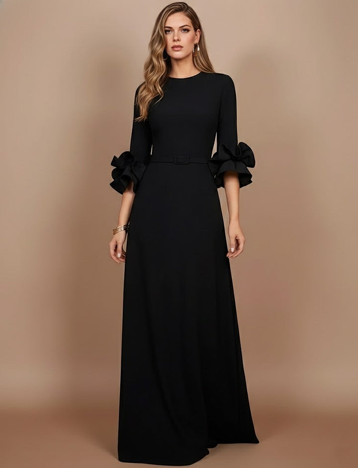 Robe mère de la mariée ligne A, satin stretch col rond, manches 3/4, longueur sol, volants