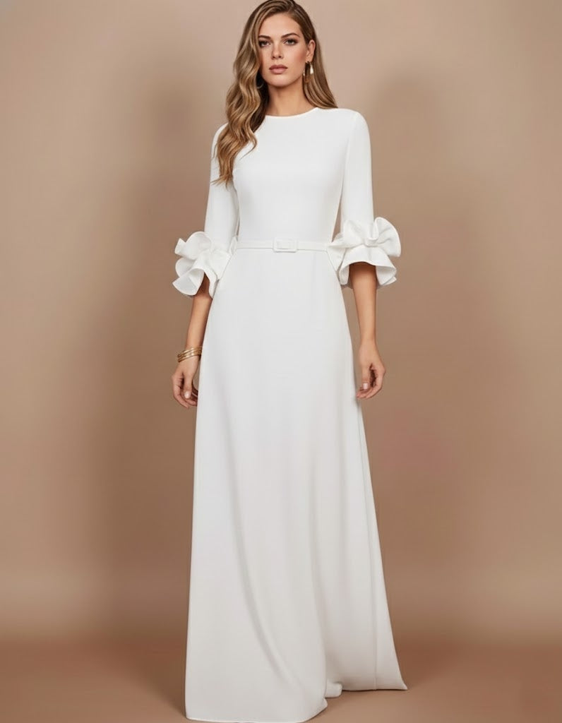 Robe mère de la mariée ligne A, satin stretch col rond, manches 3/4, longueur sol, volants