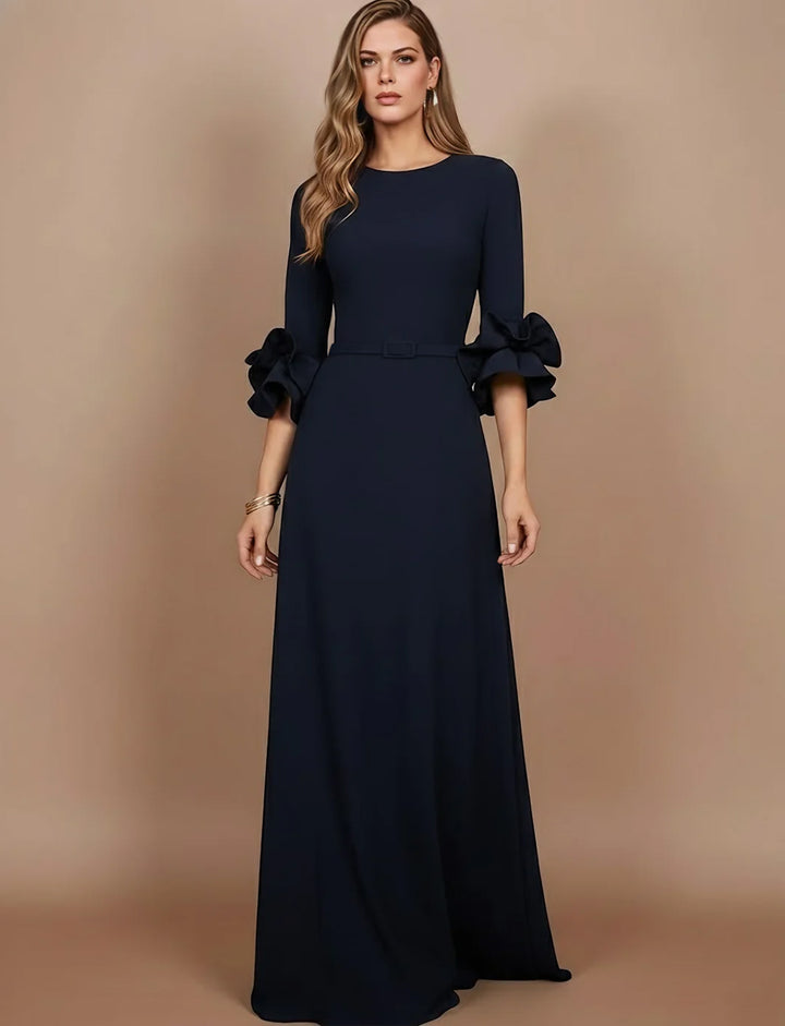 Robe mère de la mariée ligne A, satin stretch col rond, manches 3/4, longueur sol, volants