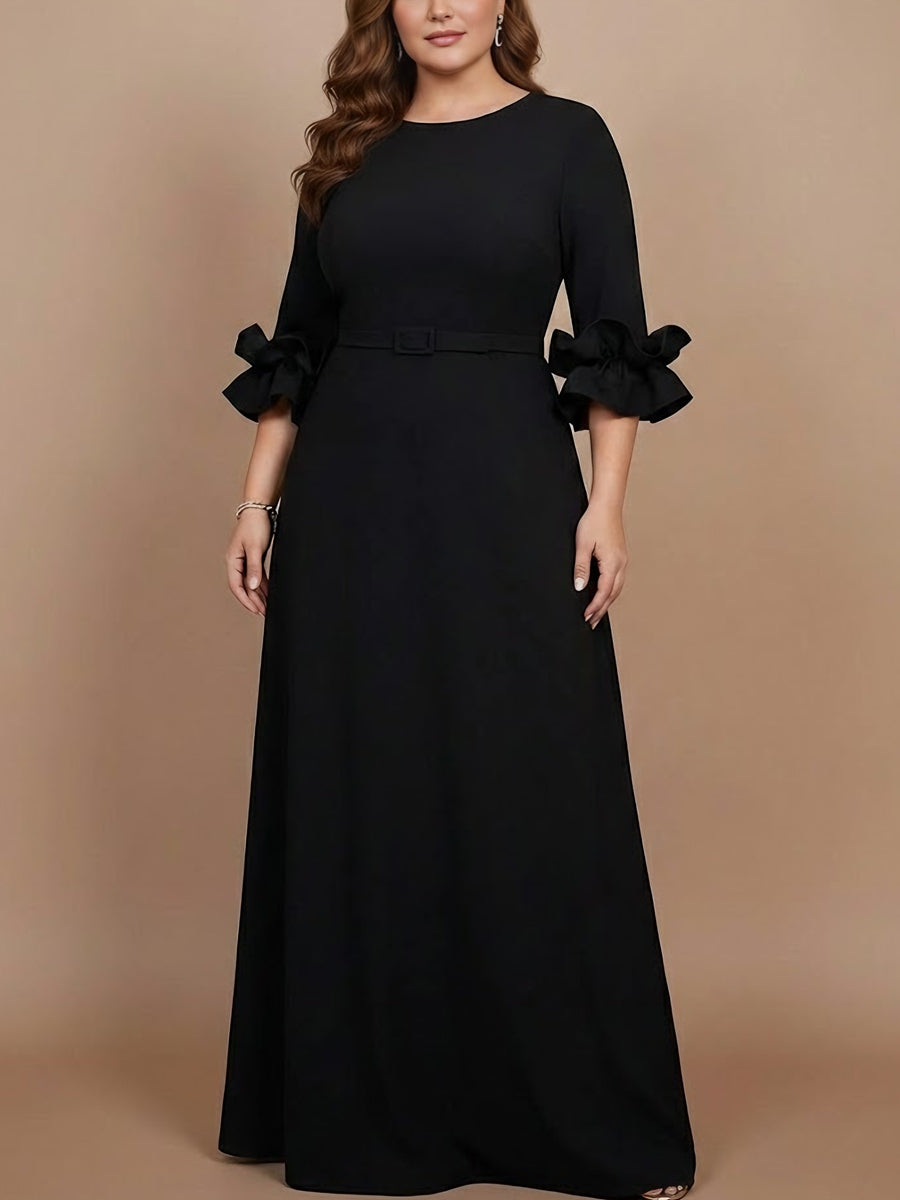 Robe mère de la mariée taille plus ligne A, satin stretch col rond, manches 3/4, longueur sol, volants