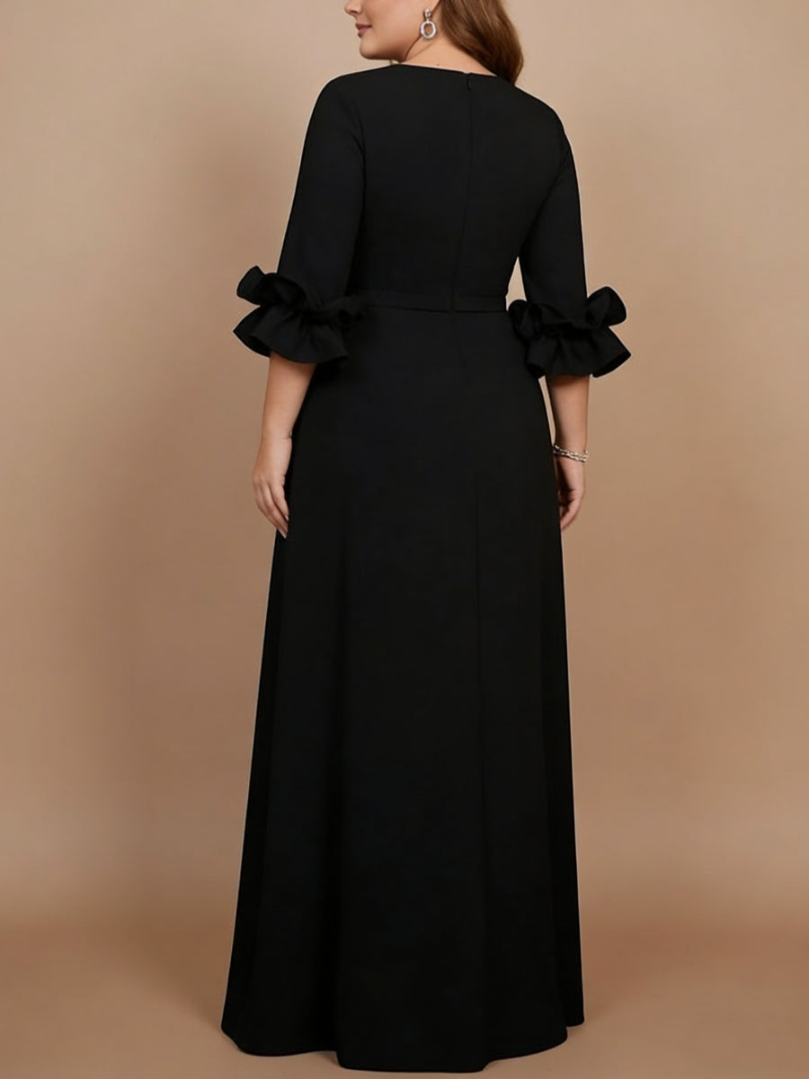 Robe mère de la mariée taille plus ligne A, satin stretch col rond, manches 3/4, longueur sol, volants