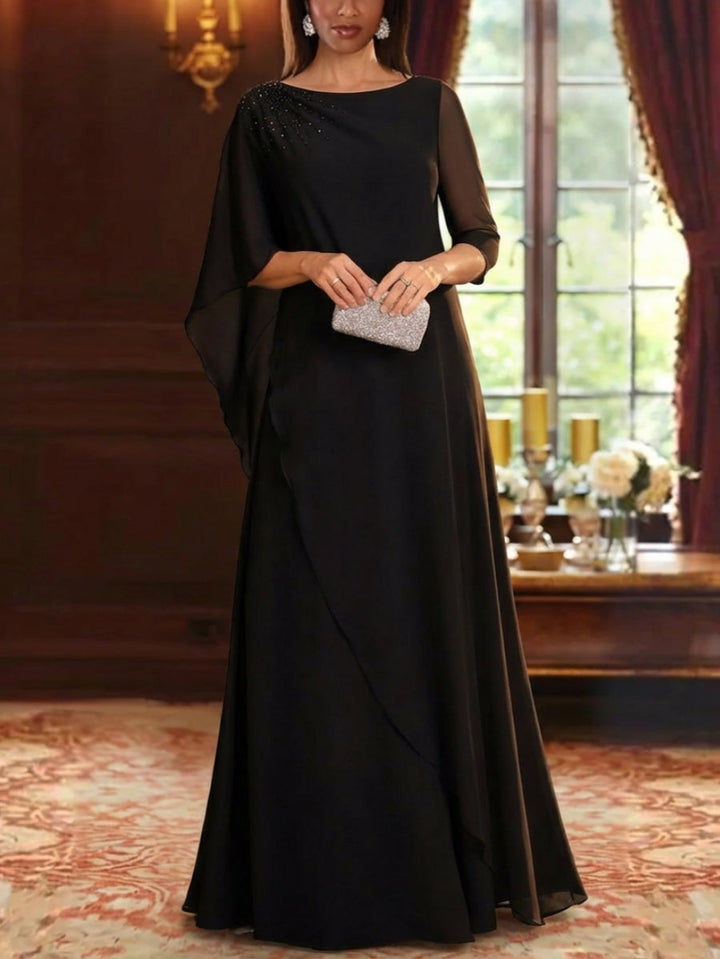 Robe mère de la mariée ligne A, mousseline col rond, manches mi-longues, longueur sol, perles