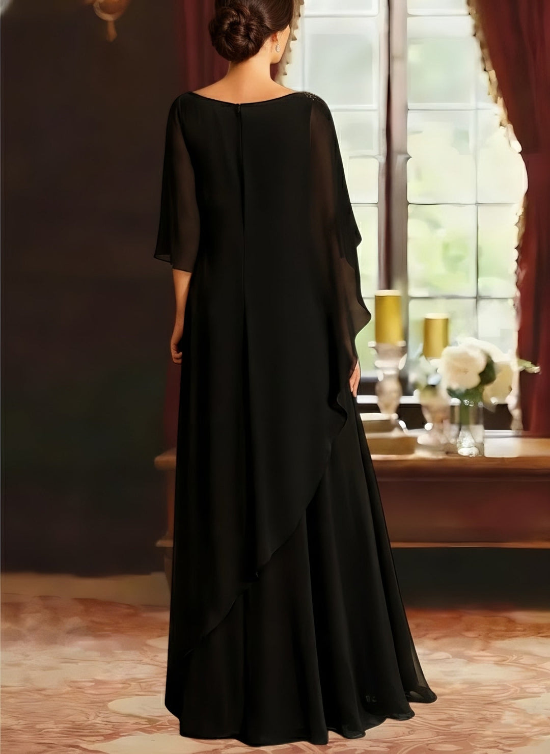 Robe mère de la mariée ligne A, mousseline col rond, manches mi-longues, longueur sol, perles