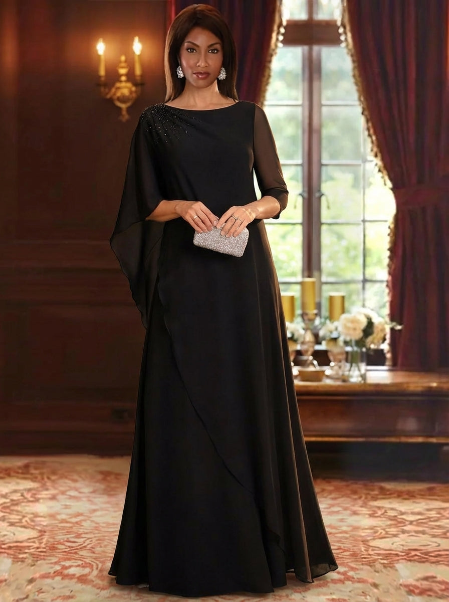 Robe mère de la mariée ligne A, mousseline col rond, manches mi-longues, longueur sol, perles
