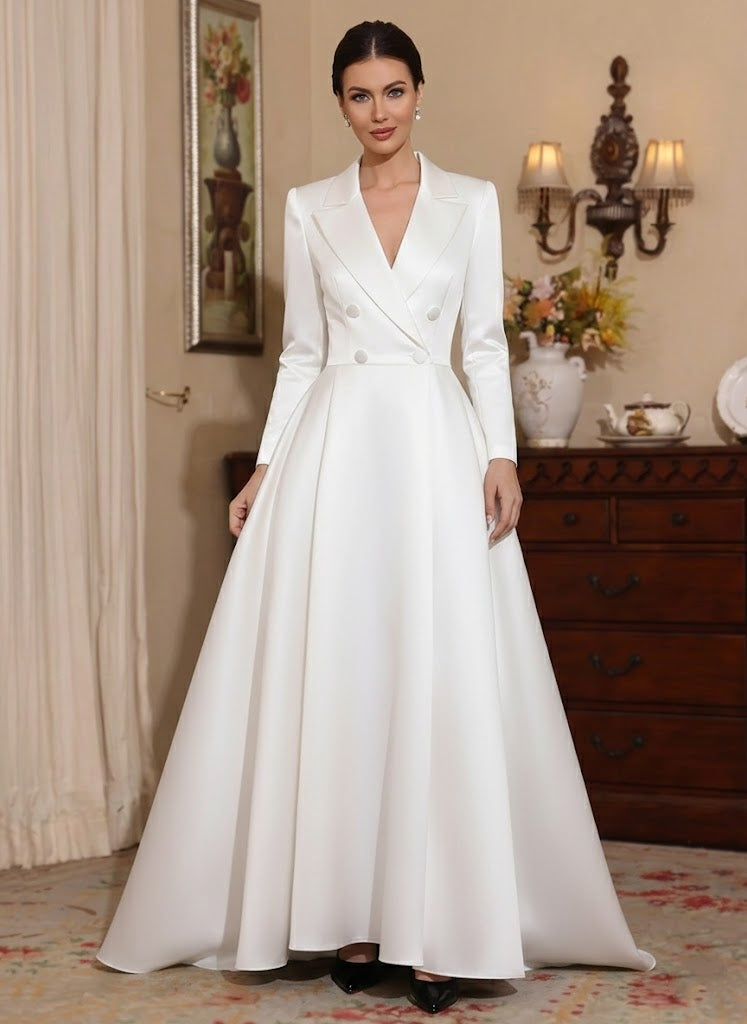 Robe mère de la mariée ligne A, satin col V, manches longues, longueur sol, plissé