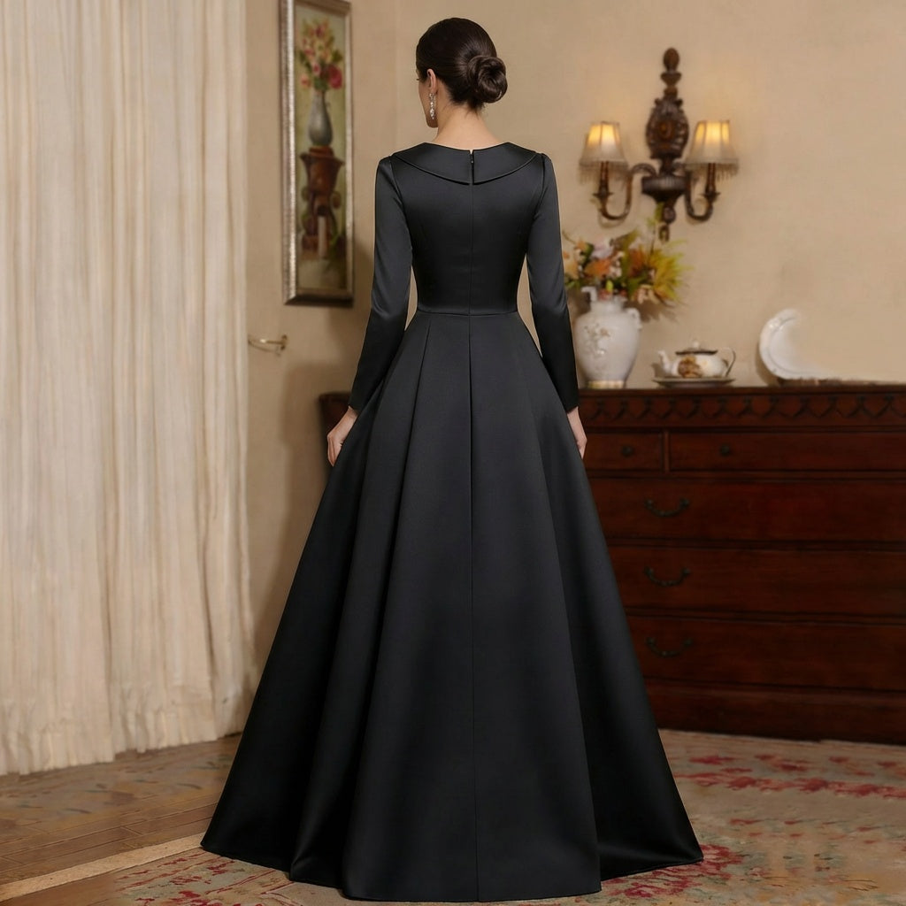 Robe mère de la mariée ligne A, satin col V, manches longues, longueur sol, plissé
