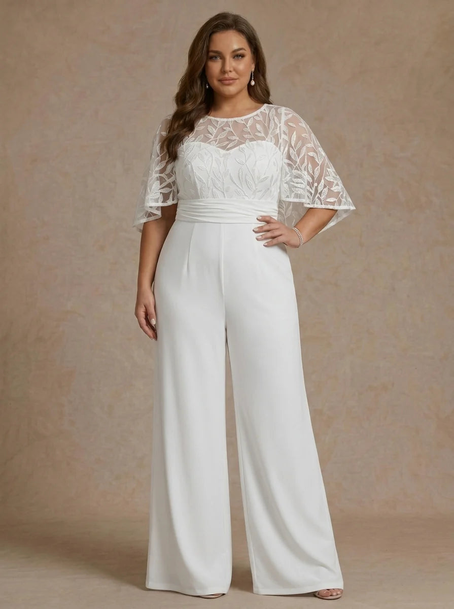 Robe Mère de la Mariée, Grande Taille, Combinaison, Col Rond, Manches Cape, Longueur au Sol, Mousseline, en Dentelle