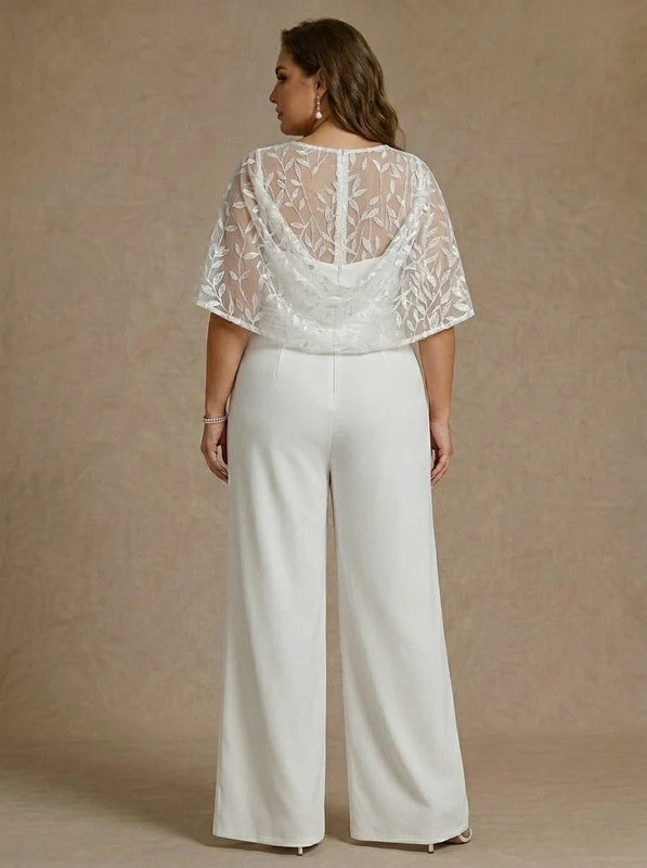 Robe Mère de la Mariée, Grande Taille, Combinaison, Col Rond, Manches Cape, Longueur au Sol, Mousseline, en Dentelle