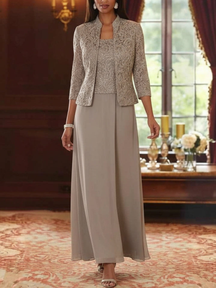 Ensemble 2 pièces mère de la mariée ligne A, mousseline col carré, veste dentelle, manches 3/4, longueur cheville