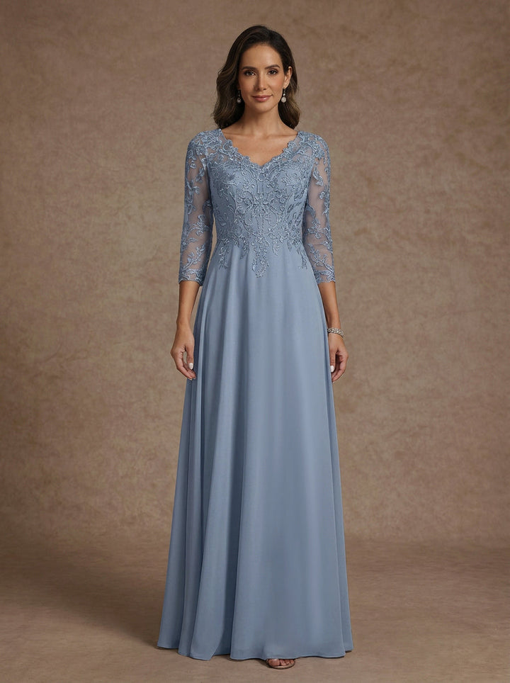 Robe mère de la mariée ligne A, mousseline col V, manches mi-longues, longueur sol, dentelle appliques