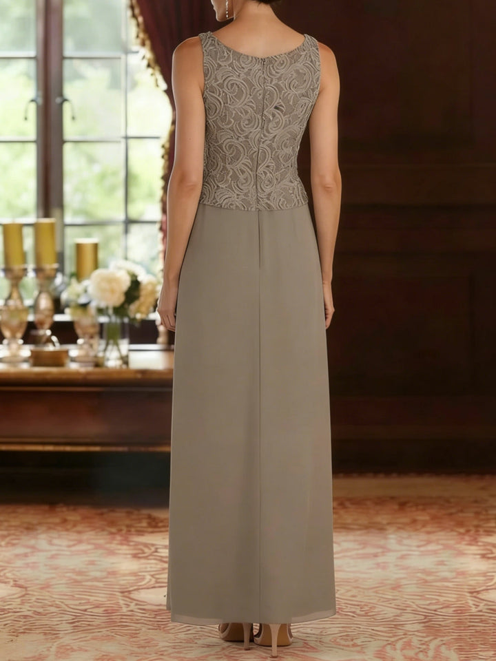 Ensemble 2 pièces mère de la mariée ligne A, mousseline col carré, veste dentelle, manches 3/4, longueur cheville