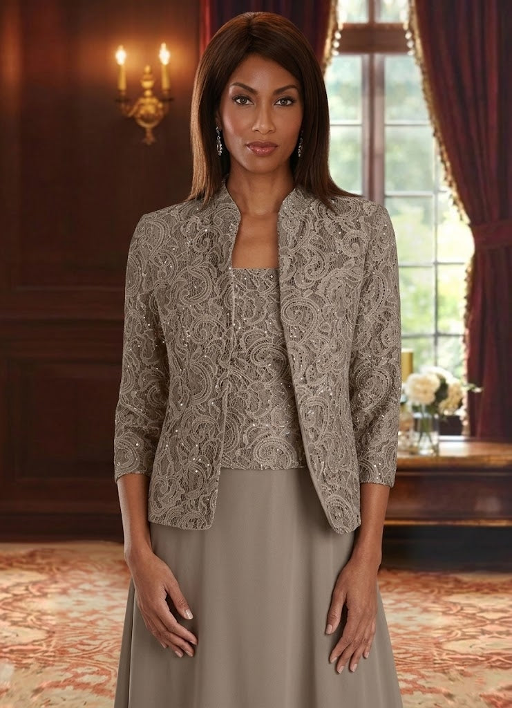 Ensemble 2 pièces mère de la mariée ligne A, mousseline col carré, veste dentelle, manches 3/4, longueur cheville