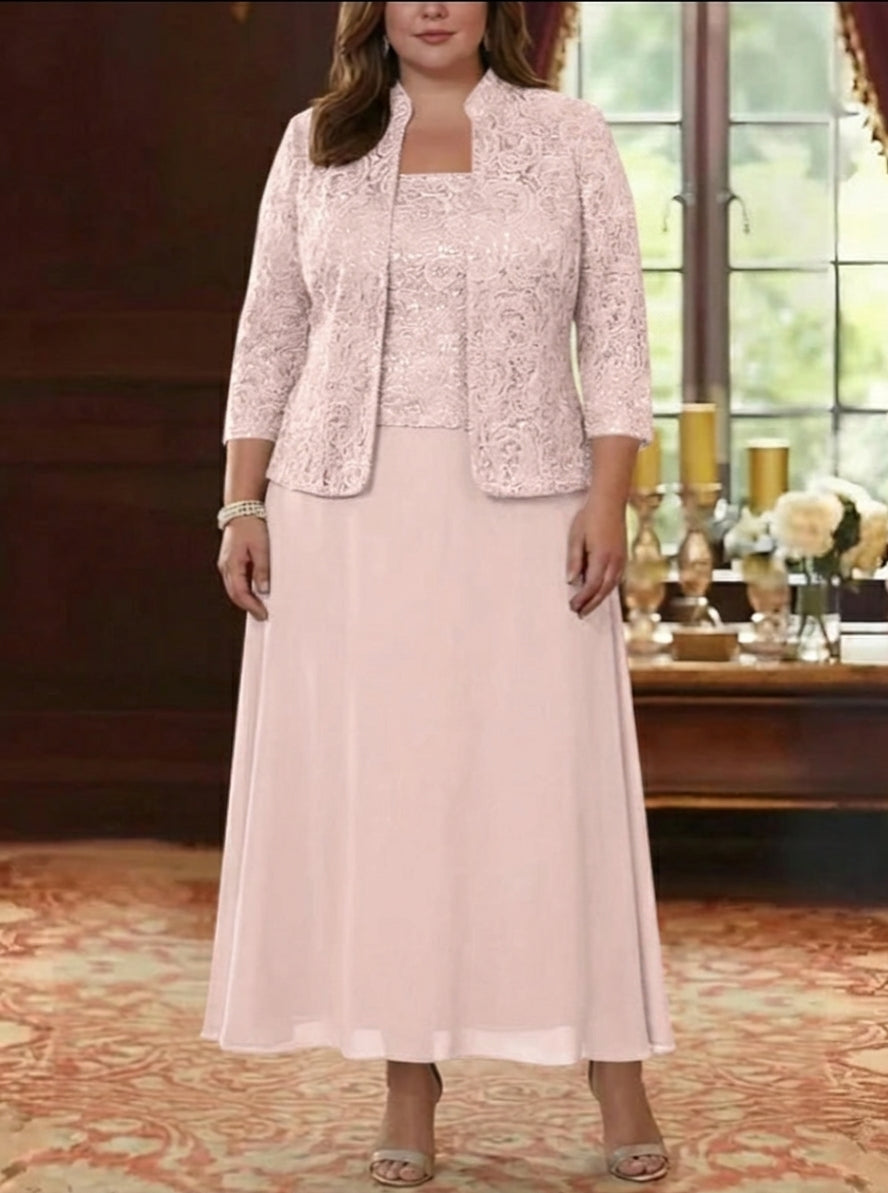 Ensemble 2 pièces mère de la mariée taille plus ligne A, mousseline col carré, veste dentelle, manches 3/4, longueur cheville