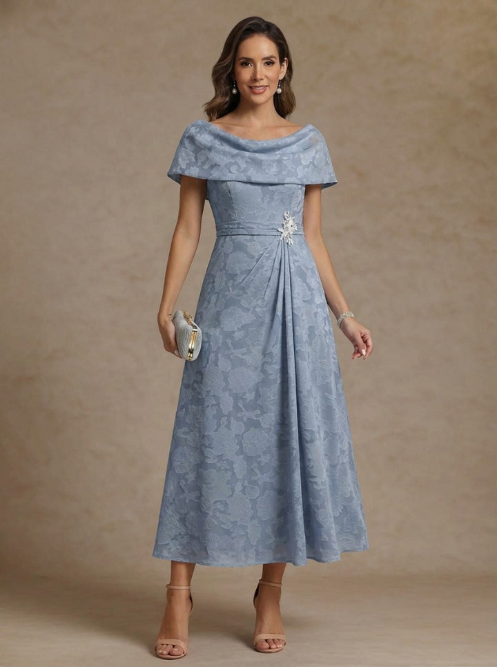 Robe mère de la mariée ligne A, mousseline manches tombantes, dentelle, manches courtes, longueur cheville