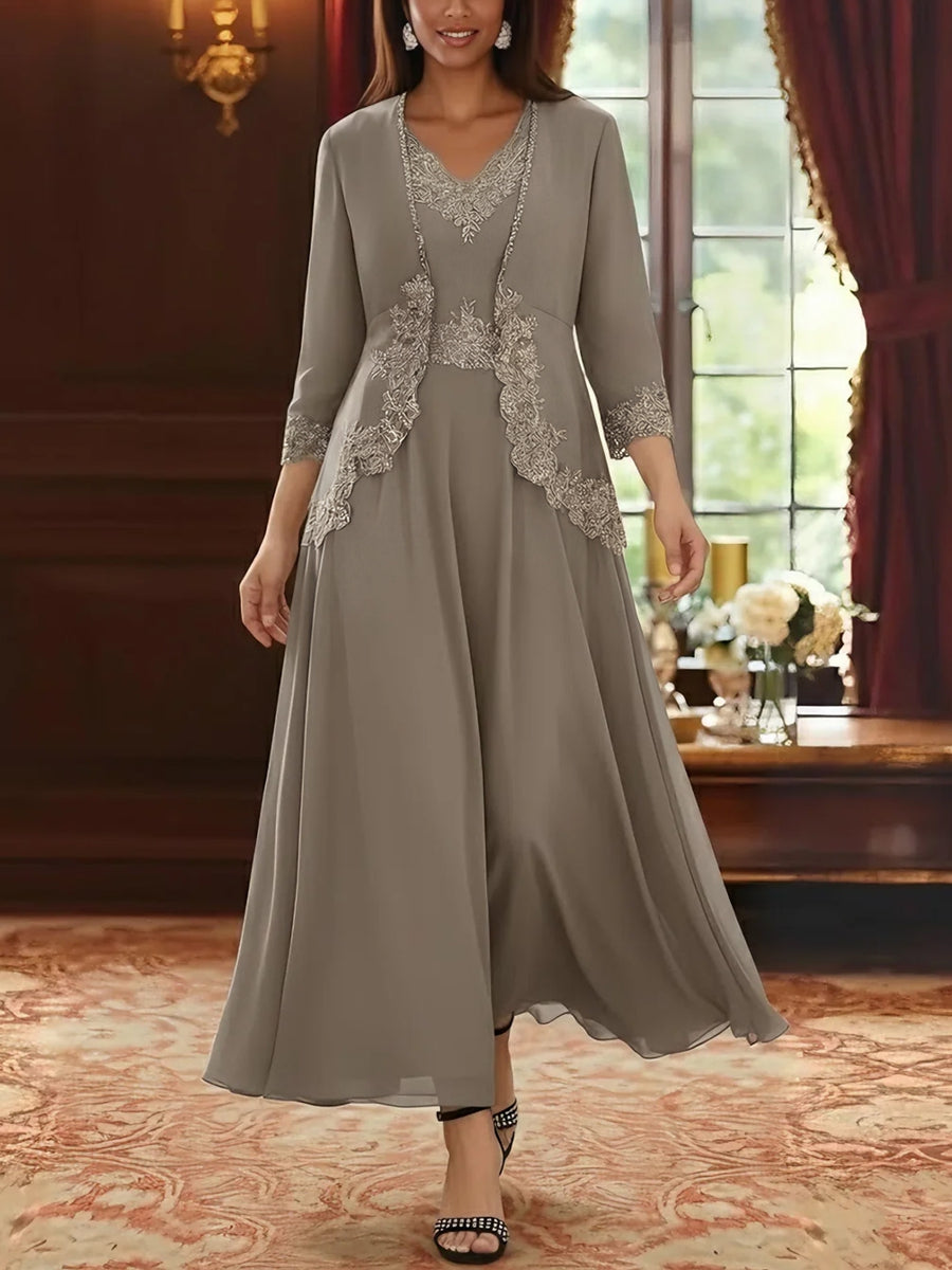 Ensemble 2 pièces mère de la mariée ligne A, mousseline col V, veste dentelle, manches 3/4, longueur cheville