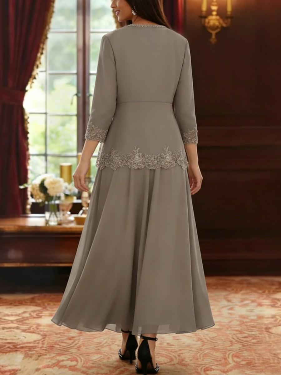 Ensemble 2 pièces mère de la mariée ligne A, mousseline col V, veste dentelle, manches 3/4, longueur cheville