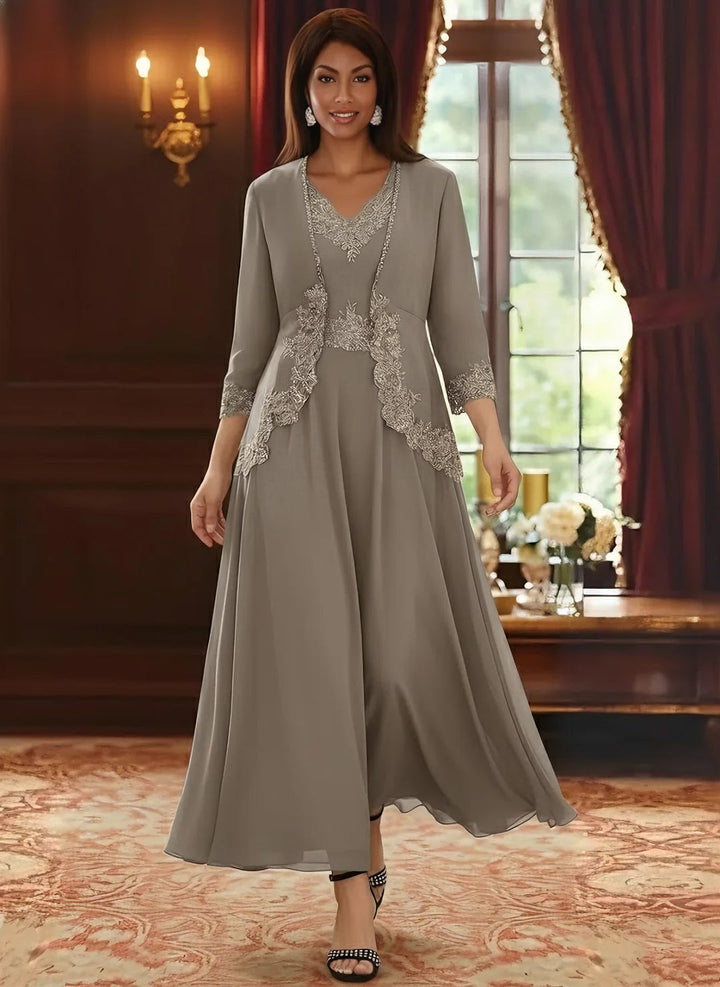 Ensemble 2 pièces mère de la mariée ligne A, mousseline col V, veste dentelle, manches 3/4, longueur cheville
