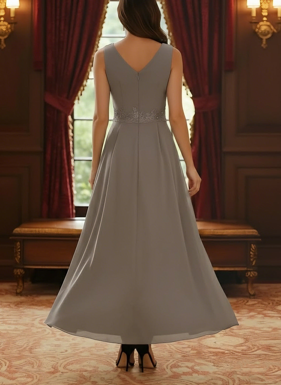 Ensemble 2 pièces mère de la mariée ligne A, mousseline col V, veste dentelle, manches 3/4, longueur cheville