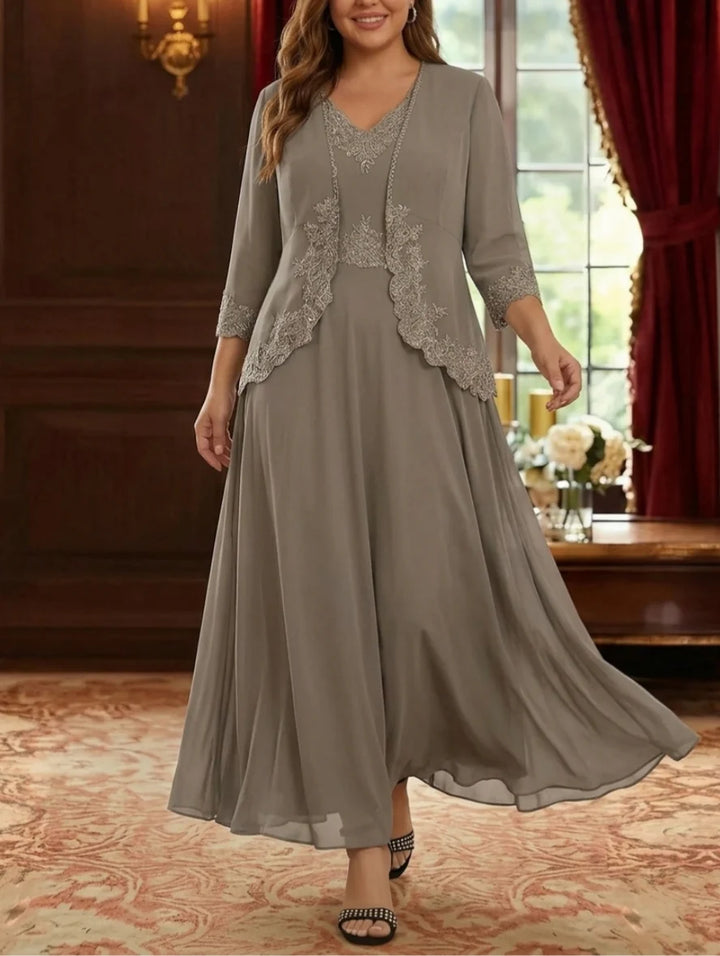 Robe Mère de la Mariée, 2 Pièces, Grande Taille, Ligne A/Princesse, Col en V, Manches 3/4, Longueur de la Cheville, Mousseline, Dentelle
