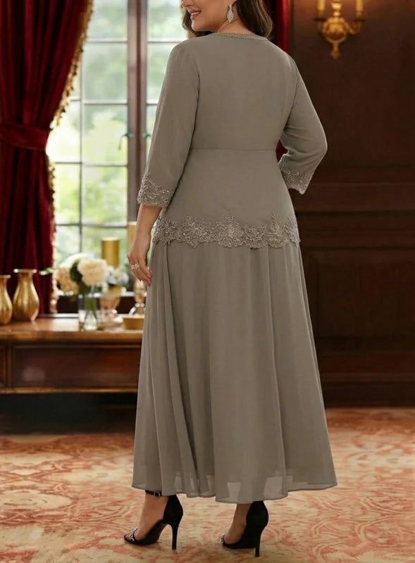 Robe Mère de la Mariée, 2 Pièces, Grande Taille, Ligne A/Princesse, Col en V, Manches 3/4, Longueur de la Cheville, Mousseline, Dentelle