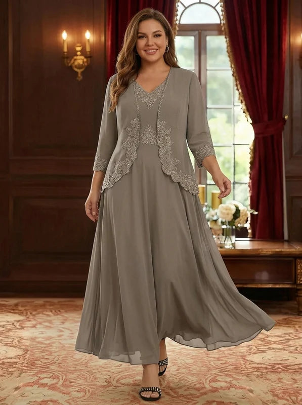 Robe Mère de la Mariée, 2 Pièces, Grande Taille, Ligne A/Princesse, Col en V, Manches 3/4, Longueur de la Cheville, Mousseline, Dentelle