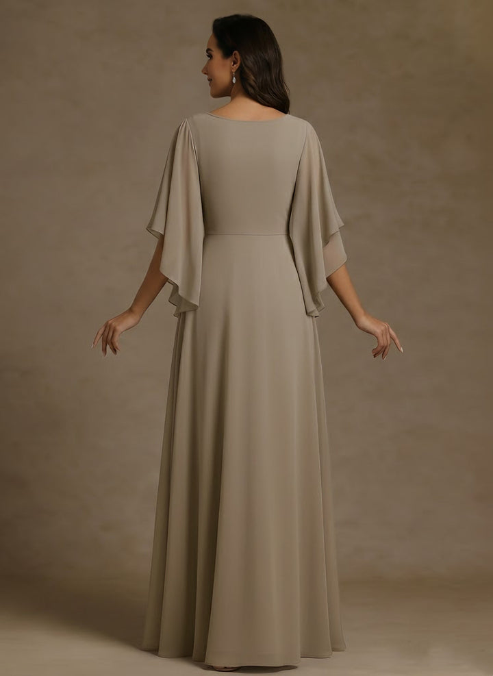 Robe mère de la mariée ligne A, mousseline col V, manches mi-longues, longueur sol, dentelle appliques