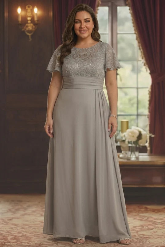 Robe Mère de la Mariée, Grande Taille, Gaine/Colonne, Col Rond, Manches Courtes, Longueur au Sol, Satin Élastique