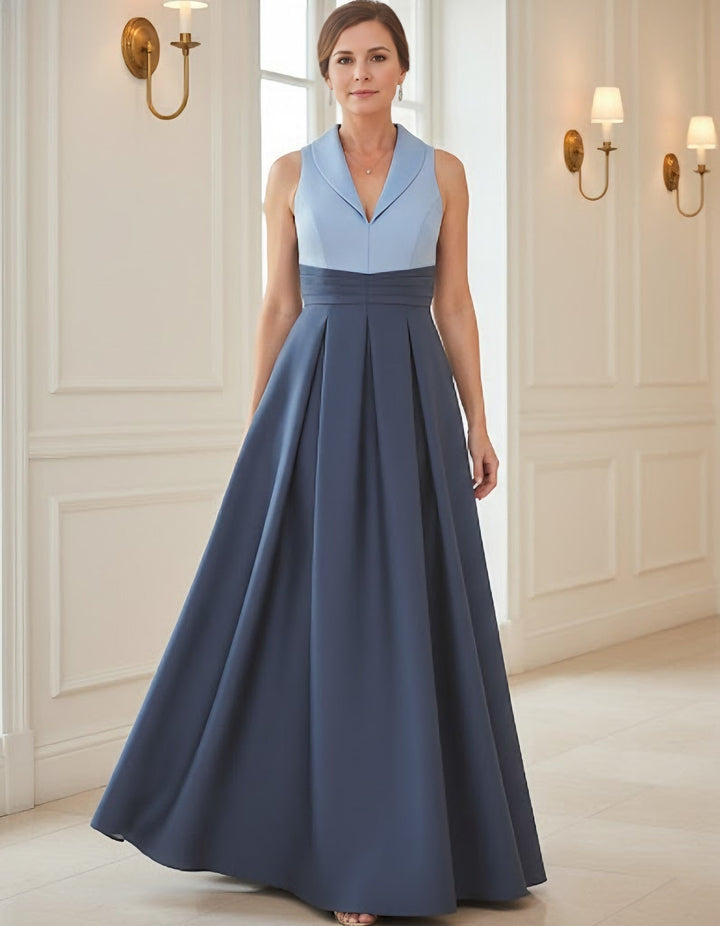 Robe mère de la mariée ligne A, satin col V, sans manches, longueur sol, plissé