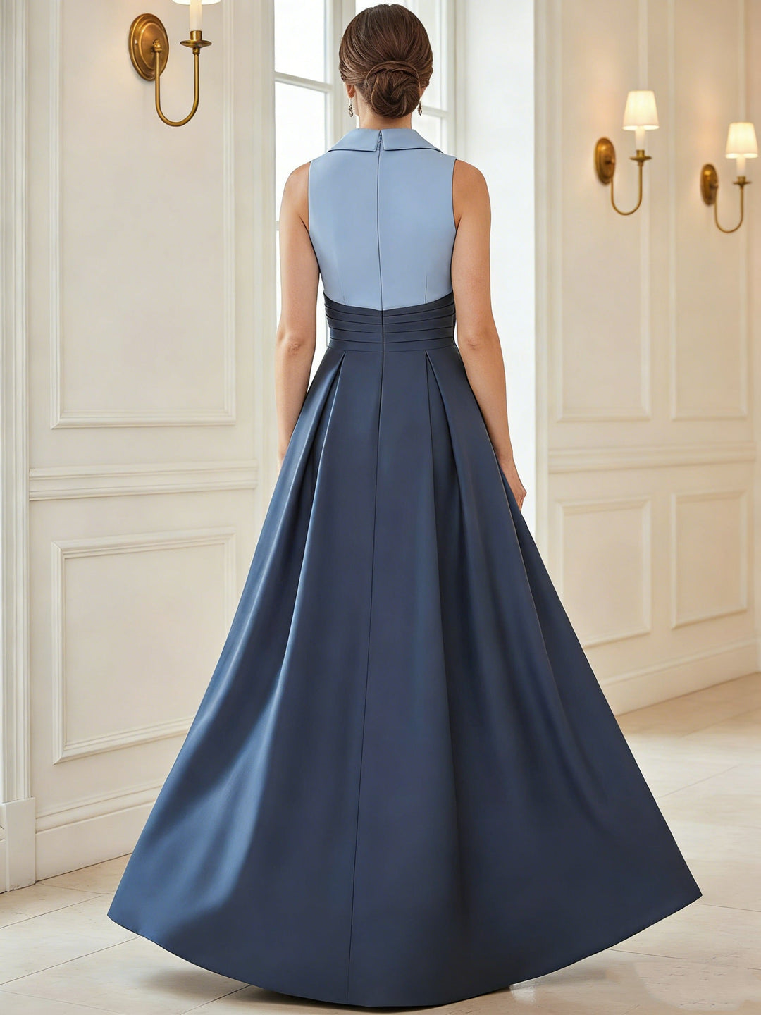Robe mère de la mariée ligne A, satin col V, sans manches, longueur sol, plissé