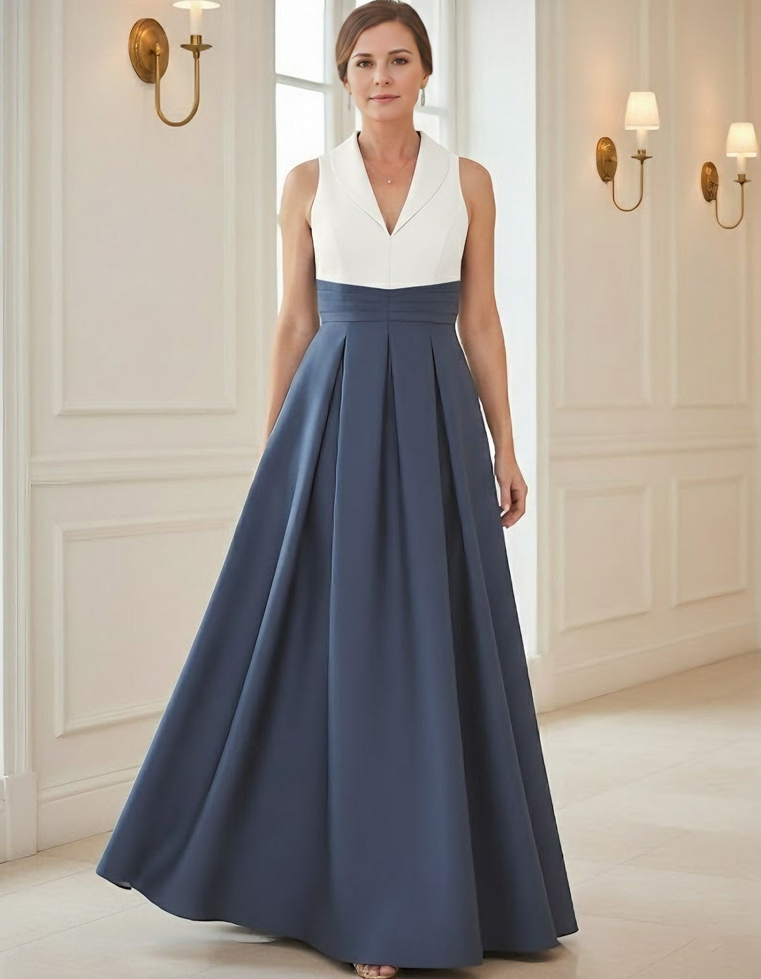 Robe mère de la mariée ligne A, satin col V, sans manches, longueur sol, plissé