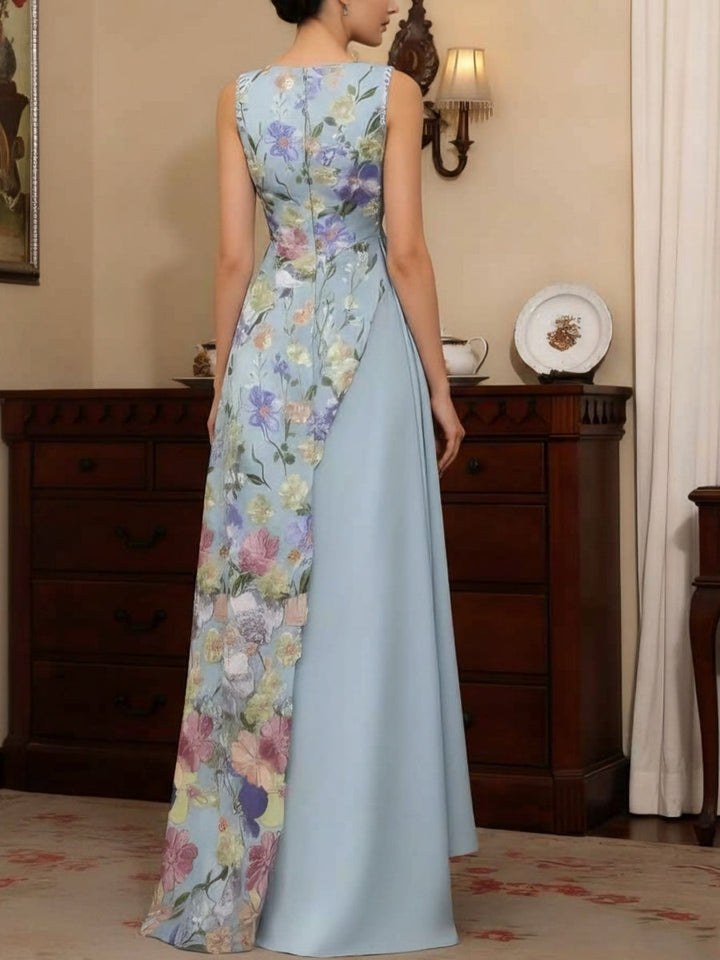 Robe mère de la mariée satin stretch ligne A, col V, sans manches, longueur sol, dentelle florale et volants
