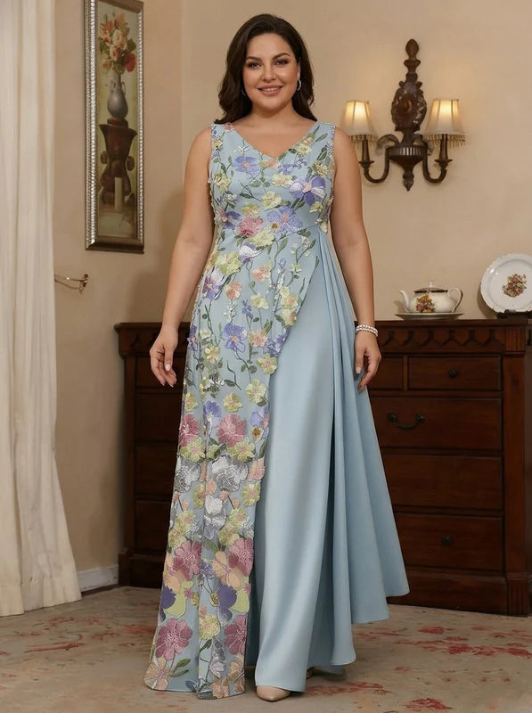 Robe Mère de la Mariée, Grande Taille, Ligne A/Princesse, Col en V, Sans Manches, Longueur au Sol, Satin Élastique, Florale à Volants