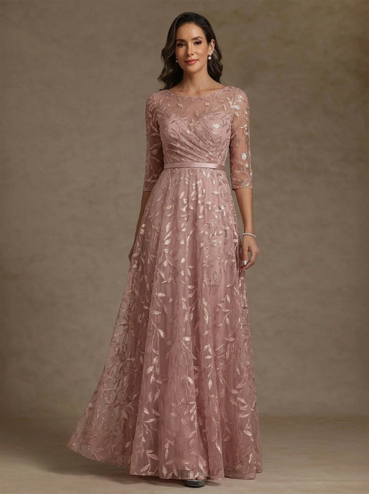 Robe mère de la mariée ligne A, dentelle col rond, manches mi-longues, longueur sol, plissé