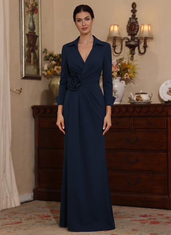 Robe mère de la mariée fourreau, satin stretch col V, fleurs 3D, manches 3/4, longueur sol